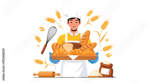 Artisan Baker's Showcase: An artisan baker proudly displays an array of freshly baked bread, capturing the essence of culinary skill, artistry, and the aroma of a traditional bakery.