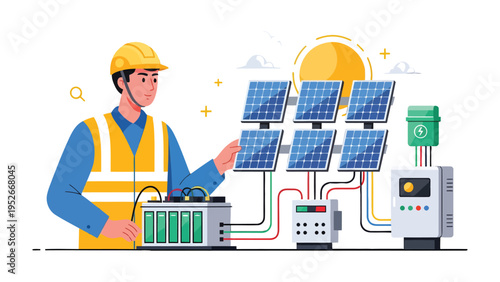 Solar Panel Engineer: An engineer in safety attire inspects solar panels and associated equipment, symbolizing innovation and the pursuit of clean, sustainable energy solutions.