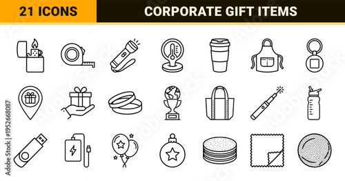 Corporate Branded Swag and Promotional Gift Items Monoline Outline Symbols for Commercial Marketing and Merchandising Catalogues