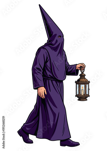 Purple Penitent Carrying Antique Lantern. Semana Santa. Holly week