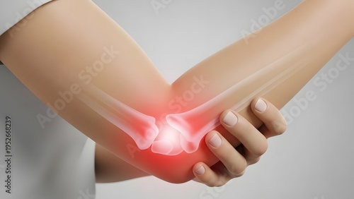 Close Up of Person Holding Elbow Joint with Red Highlight Indicating Pain or Inflammation