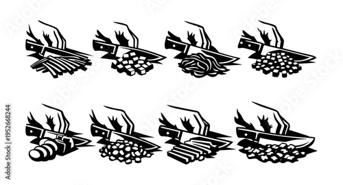 Vector silhouette of chopping techniques illustrated with knife and vegetables