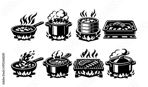 Black and white illustration of cooking pots and grills in silhouette style