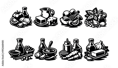 Black and white vector illustrations of various cooking ingredients and condiments