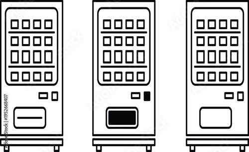 Vending machine outline icon set with snack selection panels and payment interface, automated retail dispenser vector illustration isolated for kiosk service and self service concept