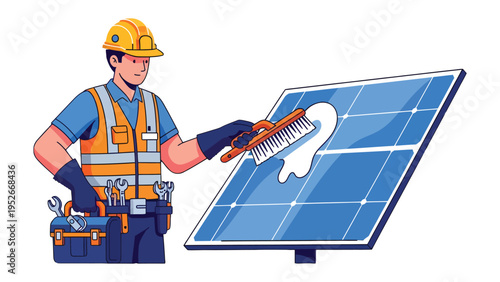 Solar Panel Cleaning: A skilled worker cleans a solar panel, showcasing expertise and the importance of renewable energy. This image represents sustainable practices and clean energy.