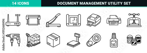 Professional Office Hardware and Document Management Monoline Symbols Featuring Printers Copiers and Stationery Items in Technical Line Art Style