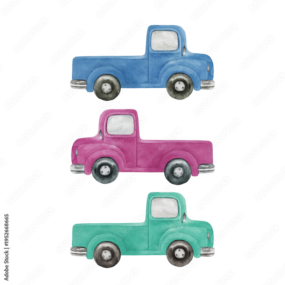 Naklejka premium Watercolor colorful car print on white background. Hand drawn illustration