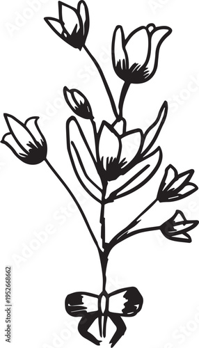Hand-drawn flower bouquet illustration tied with a ribbon bow, black and white sketch