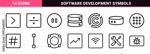 Software Development Technical Line Icons for Coding and Backend Infrastructure. Professional Monoline Visual Assets for Web Engineering UI.