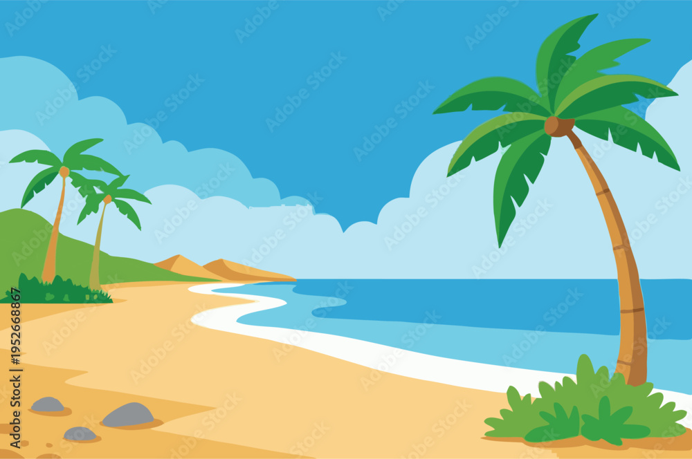 Obraz premium Tropical beach landscape with palm trees and blue ocean vector. Summer vacation background with sand, sea, and sunny sky.