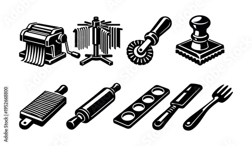 Black and white vector illustrations of pasta making tools and utensils set