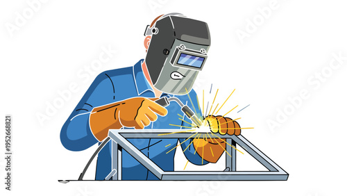Welder at Work: Focused welder meticulously works on a metal frame, creating sparks of expertise and precision. A symbol of skillful craftsmanship and industrial dedication.