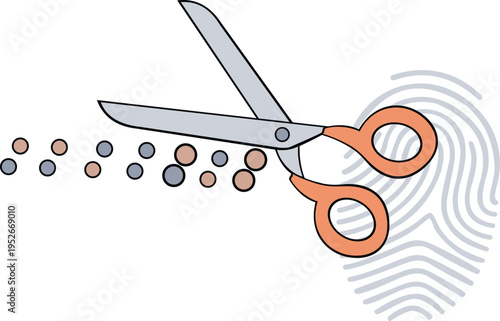 Flat Vector Illustration of Scissors Cutting Data Dots Representing Digital Privacy and Stopping Unwanted Online Tracking of Personal Identity and Fingerprints