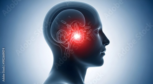 Medical illustration of ear pain or headache in human head with glowing red spot