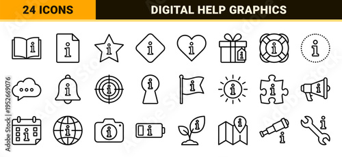 Technical Monoline Help Symbols and Navigation UI Elements featuring Crisp Minimalist Outlines for Digital Assistance and Information Services.