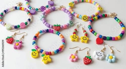 Colorful Beaded Jewelry with Smiley Face Charms and Fruit Dangling Earrings on White Background