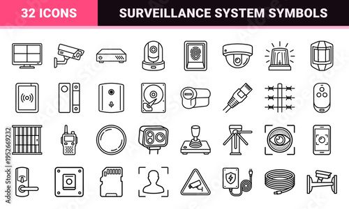 Professional Surveillance and Security System Monoline Symbols for Integrated Building Protection and Advanced Technical Monitoring Layouts