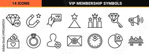 Customer Loyalty Rewards and VIP Membership Monoline Symbols, Minimalist Gamification UI Elements for Retention Programs and Digital Wallets