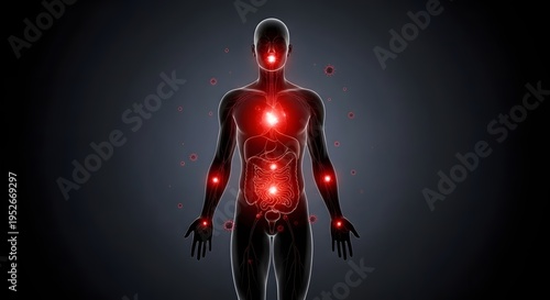 Human body with glowing red points indicating pain, inflammation, or energy flow on a dark background