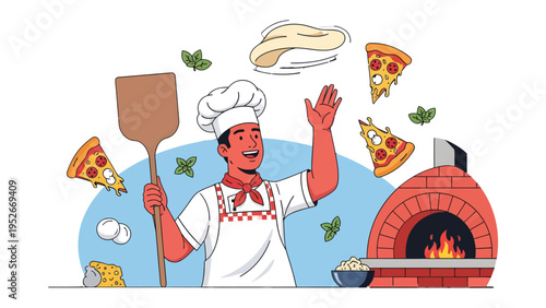 Culinary Craft: A skilled chef expertly prepares a pizza, tossing the dough with flair and precision, surrounded by elements of fresh ingredients and a traditional brick oven.