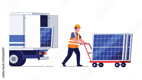 Solar Panel Transportation: A worker transports solar panels from truck to installation site, symbolizing clean energy
