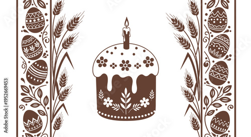 Traditional easter cake adorned with white icing and festive floral patterns surrounded by decorative borders of wheat stalks and intricately designed easter eggs evoking a warm