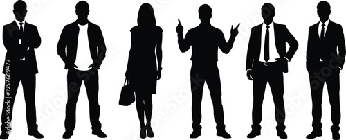 businesspeople, silhouettes, team, men, woman, standing, corporate, professionals, business, office, black, vector, isolated, characters, leadership, manager, employee, identity, illustration, set