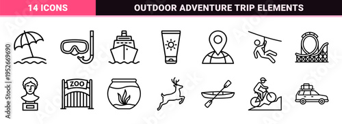 Travel and Tourism Monoline Outlines for Global Navigation and Vacation Planning Featuring Minimalist Geometric Symbology and Technical Stroke Art