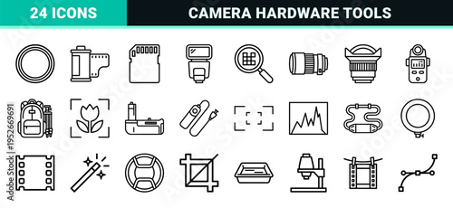 Professional Photography Equipment and Digital Editing Interface Monoline Icons featuring Minimalist Black Outline Precision Graphics