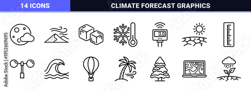 Meteorology and Environmental Climate Forecasting Line Art; Minimalist Monoline Weather Symbols for Scientific Data and Web Interface Design.