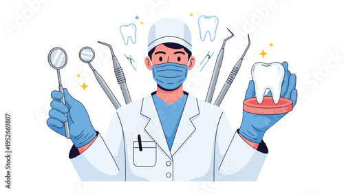 Dental Expertise: A skilled dentist, poised with precision and care, displays essential tools, embodying professional dental care and oral health.