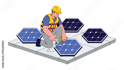 Solar Panel Installation: A technician meticulously installs solar panels, symbolizing the transition to renewable energy.
