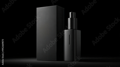 A minimalist black dropper bottle stands beside its textured packaging box, showcasing elegant product design.