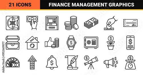 Monoline Financial Services and Banking Currency Symbols. Minimalist Outline Style for FinTech Apps, Business Accounting, and Personal Finance.