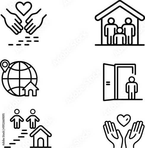 Refugee Support and Shelter Line Art Icon Set