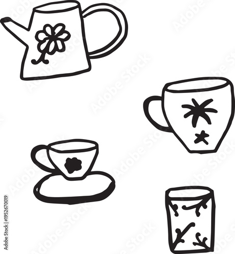 Simple Hand-drawn Coffee Cup Teapot and Mug Doodles Set