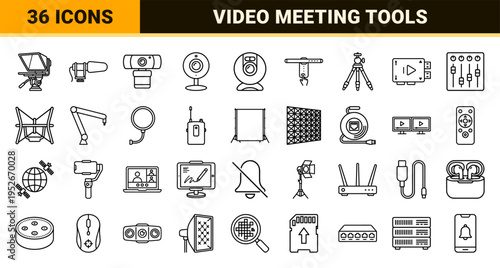 Video Conferencing and Digital Streaming Hardware Monoline Icons Featuring Webcams Microphones and Studio Equipment for Virtual Meetings.