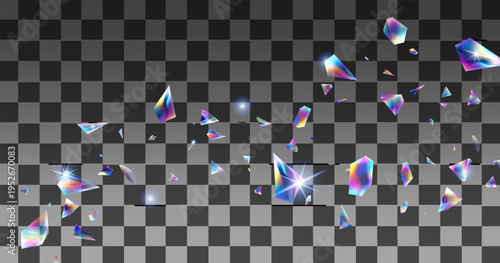 Abstract holographic iridescent prism shards and crystal fragments floating in a wavy horizontal line on transparent background, rainbow lens flare and sparkling light effects