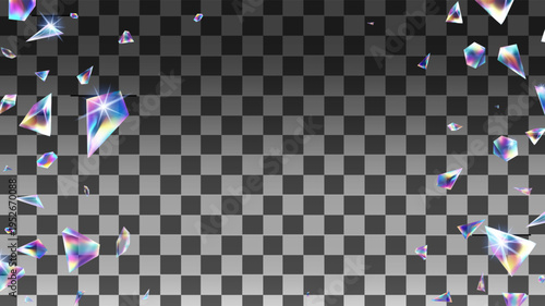 Abstract holographic iridescent prism shards and crystal fragments scattering on the left and right sides of a transparent background, rainbow lens flare sparkling light effects