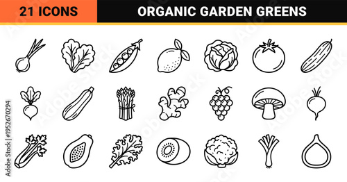 Minimalist Monoline Fresh Produce Graphics featuring Garden Vegetables and Orchard Fruits in a Sophisticated Black Outline Technical Style.