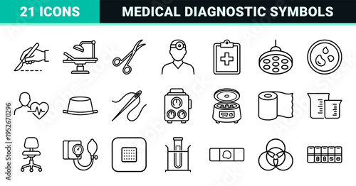 Surgical Equipment and Hospital Diagnostic Line Icons featuring minimalist technical monoline symbols for operating rooms and clinical pathology.