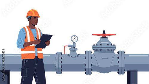 Professional engineer in a safety vest and hard hat taking notes while inspecting a large industrial gas or water pipeline system.