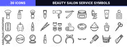 Professional Grooming and Beauty Salon Monoline Symbol Set featuring Minimalist Barbershop Equipment and Skincare Essentials in Outline Style