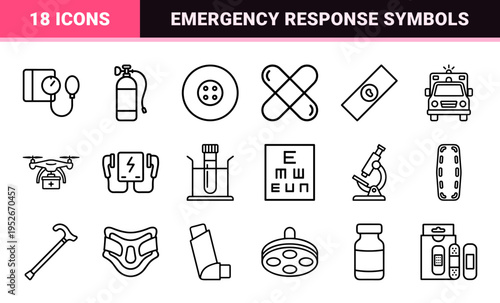Emergency Medical Services Thin Line Art Symbols for Urgent Care Apps and Clinical Healthcare Interfaces with Technical Monoline Aesthetic