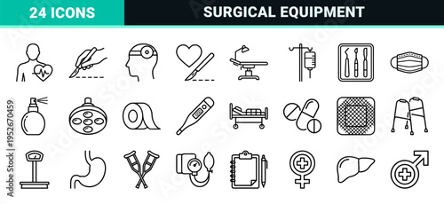 Surgical Procedures and Medical Equipment Monoline Outline Symbols for Clinical Healthcare Software and Hospital Operating Room Documentation