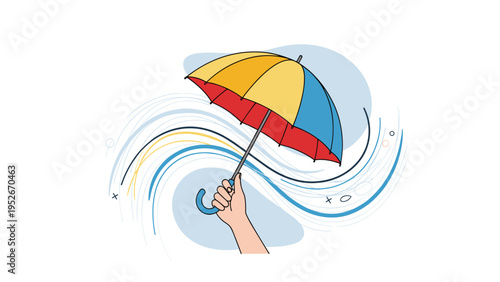 Human hand holding a colorful umbrella against strong winds and rain represented by abstract swirling lines in a modern graphic style.