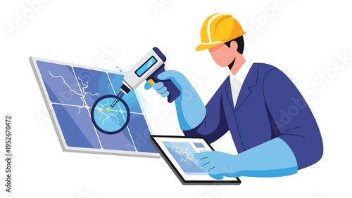 Solar Panel Inspection: A skilled technician, equipped with a digital tablet and advanced inspection tools, meticulously examines a solar panel, illustrating the intricacies of energy systems