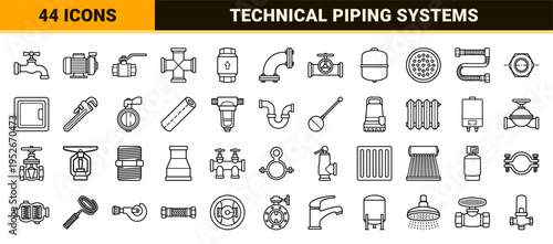 Industrial Plumbing Fluid Control Technical Monoline Symbols featuring Precision Outlines for Pipeline Engineering and Water Management Systems