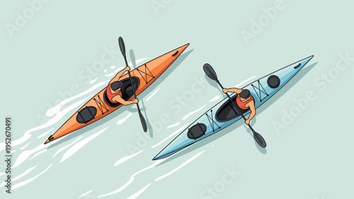 Overhead view of two people paddling an orange and a blue kayak across clear blue water creating a sense of movement and outdoor adventure.